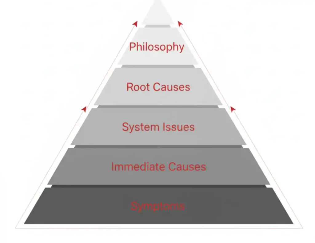 5단계 피라미드 다이어그램으로 하단부터 Symptoms, Immediate Causes, System Issues, Root Causes, Philosophy 순으로 배열된 5 Whys 분석 깊이를 보여주는 인포그래픽