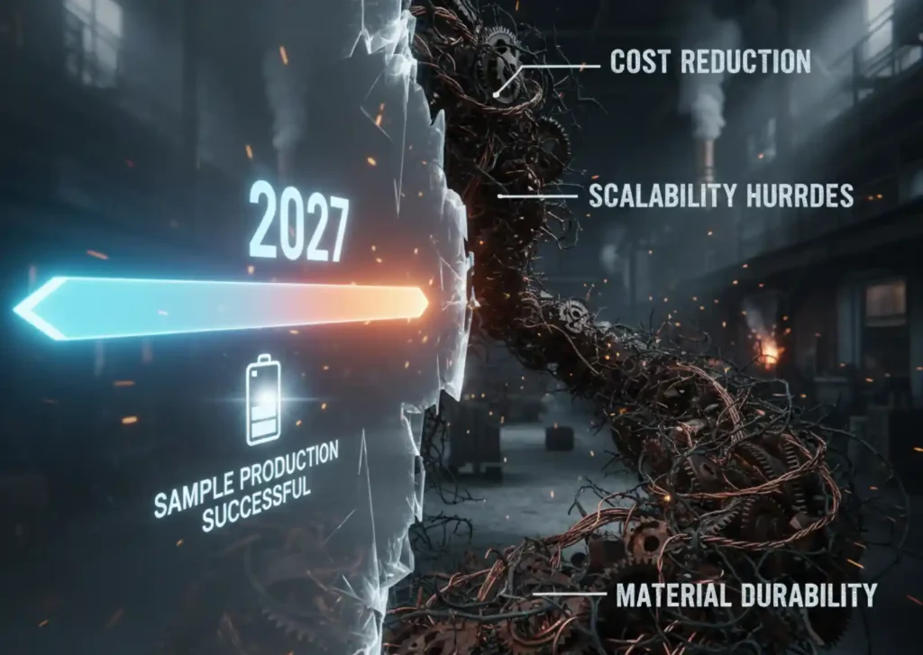 왼쪽에는 '2027'년을 향해 나아가는 빛나는 화살표와 'SAMPLE PRODUCTION SUCCESSFUL' 문구가 표시되어 전고체 배터리 상용화의 긍정적인 진행을 나타내고, 오른쪽에는 복잡하게 얽힌 기어와 'COST REDUCTION', 'SCALABILITY HURDLES', 'MATERIAL DURABILITY' 텍스트가 적혀 있어 남은 기술적 난제들을 시각적으로 보여주는 그래픽 이미지이다.
