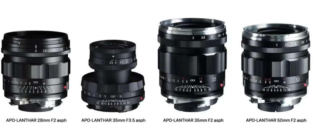 보이그랜더 APO-Lanthar 렌즈 4종 비교 (28mm, 35mm, 50mm). 라이카 M11-P 60MP 센서에 대응하는 고성능 가성비 M 마운트 대안 렌즈 라인업.