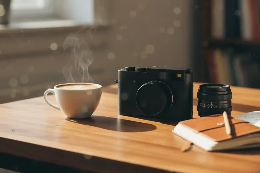 따뜻한 햇살 아래 커피와 다이어리, 그리고 라이카 M 카메라와 M 렌즈. 라이카 렌즈는 M11-P 시대에도 기술을 넘어 감정과 일상을 기록하는 도구임을 상징함.