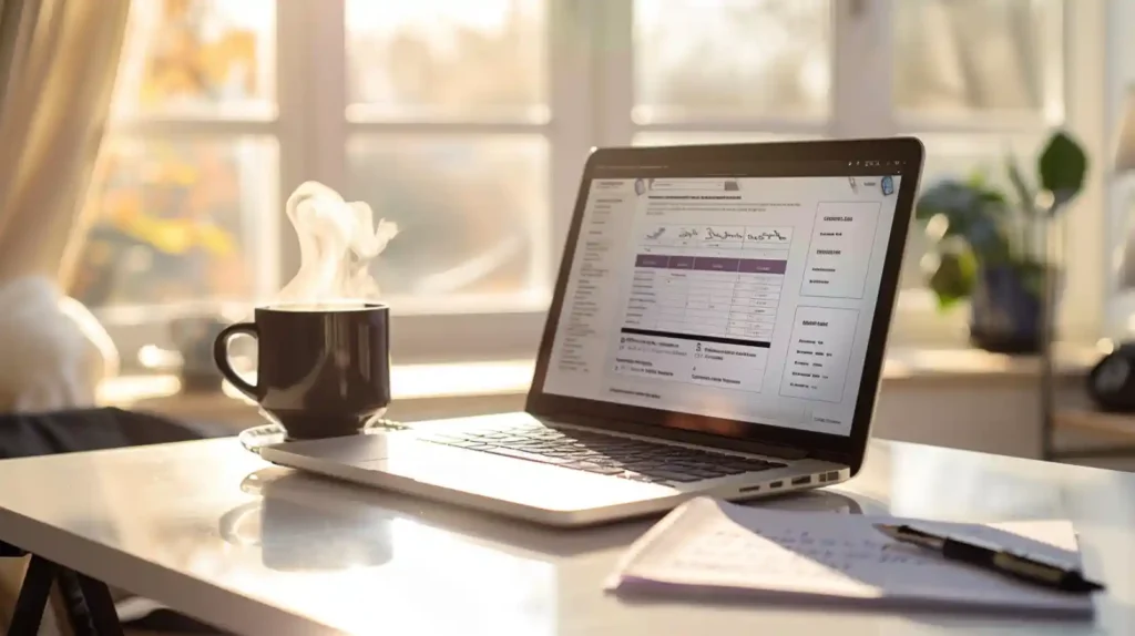 아늑한 창가 사무실에서 노트북으로 자동차 보험료 견적 비교 및 서류를 검토하는 모습, 따뜻한 커피 한 잔