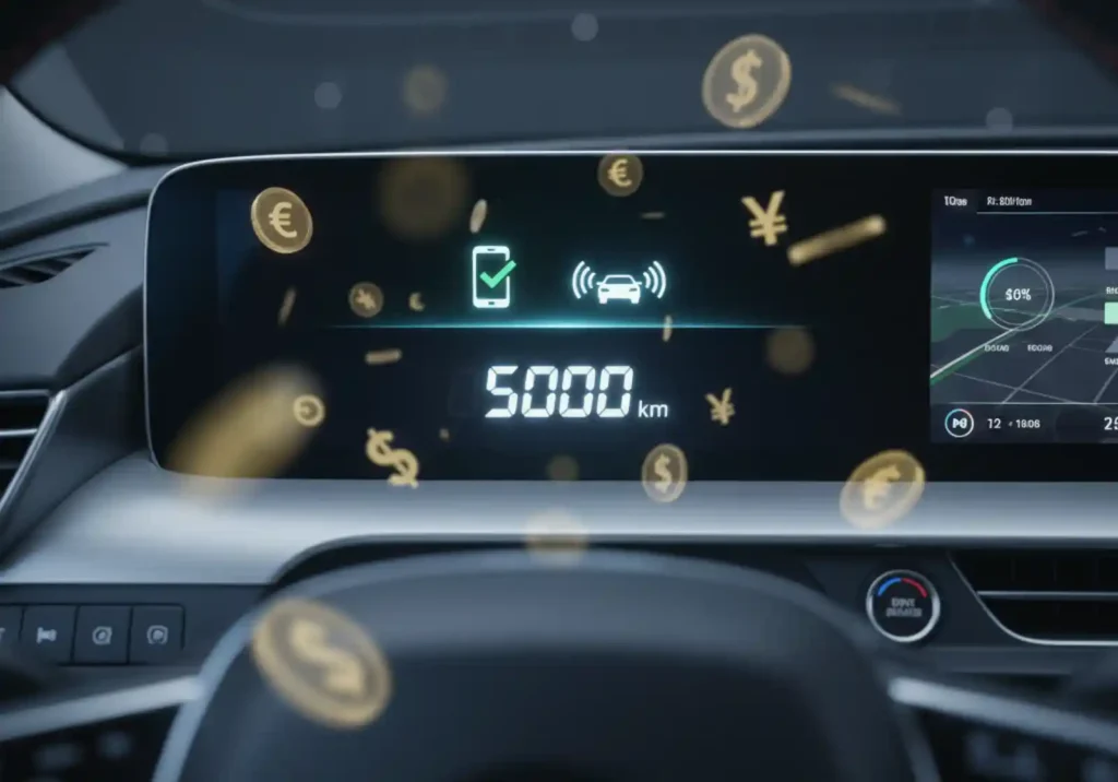 자동차 계기판에 $5000\text{km}$ 주행거리가 표시됨, 마일리지 특약으로 보험료를 환급받는 모습을 상징하는 떠다니는 돈 기호와 스마트폰 인증 아이콘