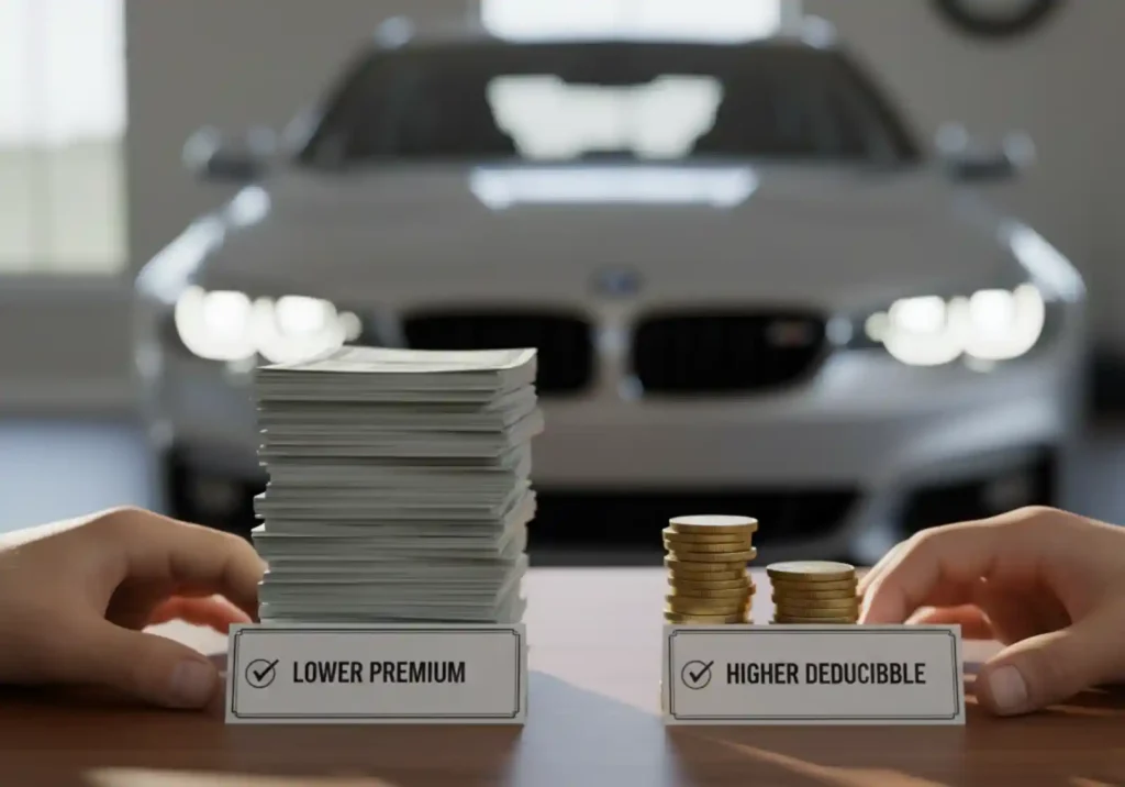 낮은 보험료(Lower Premium)를 상징하는 지폐 다발과 높은 자기부담금(Higher Deductible)을 상징하는 동전 더미를 놓고 운전자가 선택하는 모습. 배경에는 고급 승용차가 있음. 보험료 절약과 자기부담금 조정의 선택이라는 핵심 개념을 구체적으로 설명합니다. 이미지 제목 (Title)