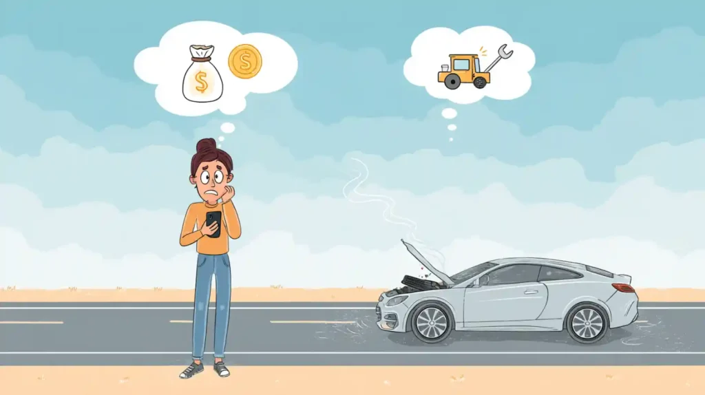도로변에 고장난 차 옆에서 운전자가 휴대폰을 들고 긴급출동 서비스 이용(견인차)과 비용 절약(돈 가방) 사이에서 고민하는 만화 일러스트레이션.