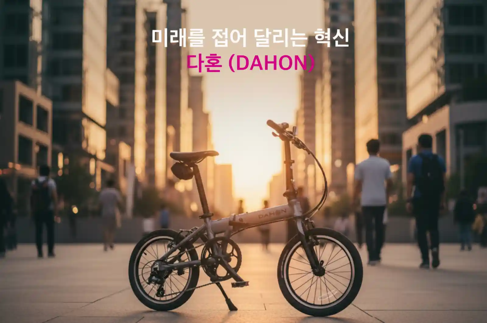다혼 접이식 자전거가 해 질 녘 도시 광장에서 접힌 채 서 있는 모습. 접이식 자전거의 아버지인 다혼의 합리적 가성비 혁신을 상징.