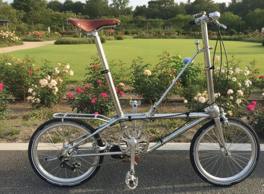다혼(DAHON)의 초기 모델인 Hon Convertible 디자인을 계승한 클래식 접이식 자전거가 아름다운 장미 정원에 서 있는 모습. 다혼의 역사적 시작점을 상징.