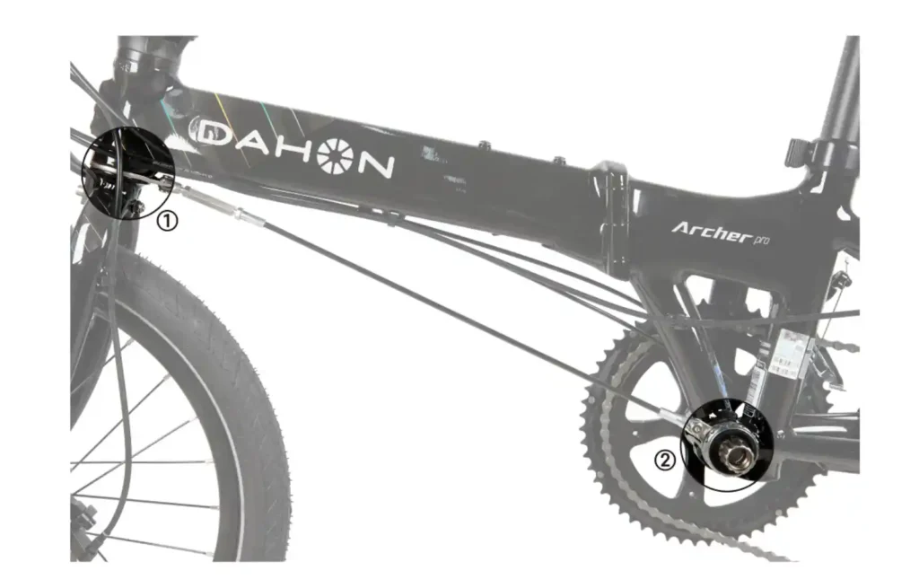 다혼(DAHON)의 델텍(Deltec) 케이블 기술 상세 사진. 케이블이 프레임 상단(1)과 하단(2)을 보강하며 접이식 자전거의 **강성(Stiffness)**을 높이는 구조를 보여줌.