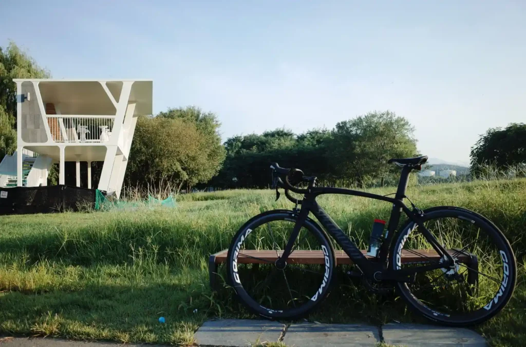 TACO의 스페셜라이즈드 벤지 엘리트, 야외 벤치에 세워져 있는 모습, 에어로 로드바이크