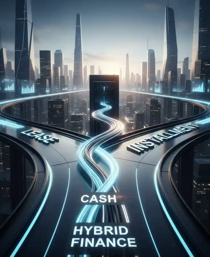 미래 도시 배경의 도로 위에 'CASH', 'LEASE', 'INSTALLMENT', 'HYBRID FINANCE' 글자가 새겨진 갈림길. 하이브리드 금융이 새로운 해결책임을 암시.