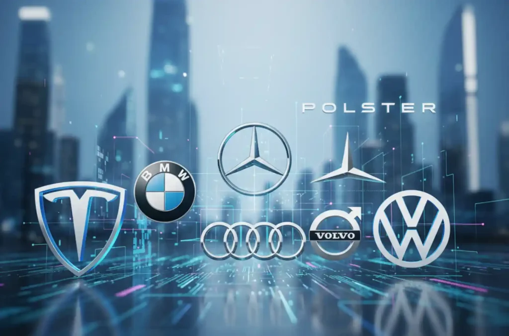 미래 도시 배경 위에 테슬라, BMW, 벤츠, 아우디, 볼보, 폭스바겐, 폴스타 등 주요 수입차 브랜드의 로고가 빛나고 있는 이미지.