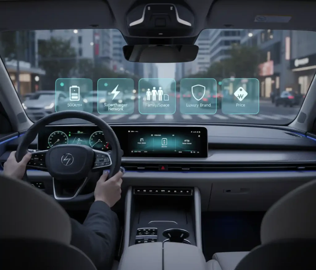 전기차 운전석 뒷자리에서 바라본 모습. 전면 유리창에 주행거리, 충전, 공간, 브랜드, 가격을 나타내는 5개의 아이콘이 헤드업 디스플레이(HUD)로 떠 있다.