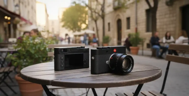 Front and rear views of the Leica M EV1 placed on a wooden café table, illustrating the camera’s classic design and new EVF system.