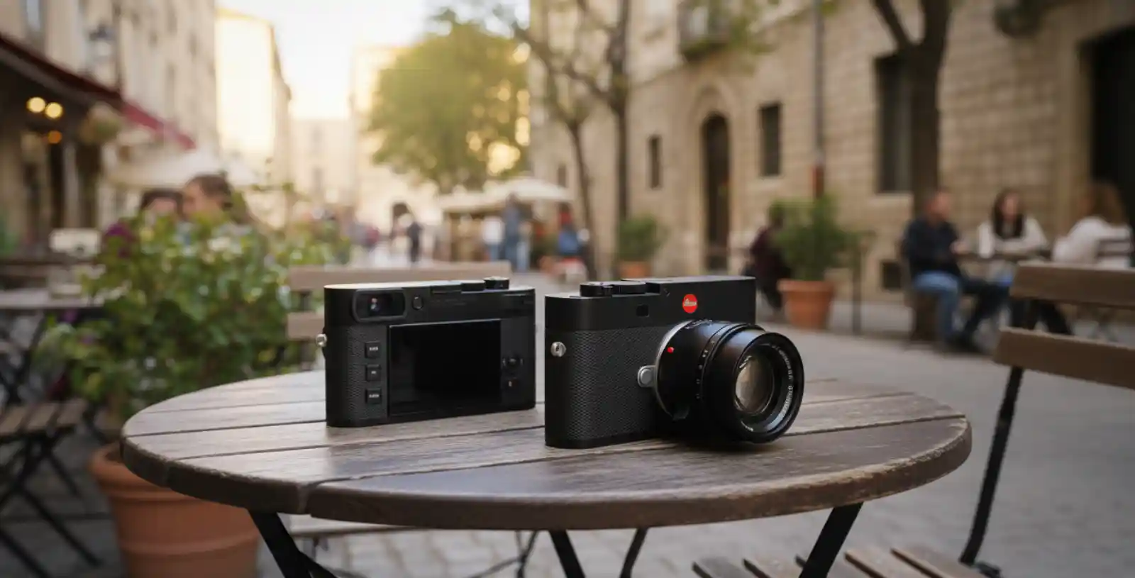 Front and rear views of the Leica M EV1 placed on a wooden café table, illustrating the camera’s classic design and new EVF system.