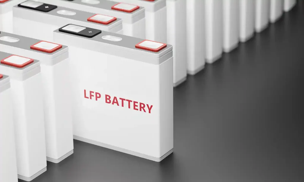 흰색 직사각형 모듈 형태로 배열된 LFP BATTERY 팩 이미지. 리튬인산철 배터리의 경제성과 모듈화된 형태를 시각적으로 보여줌.