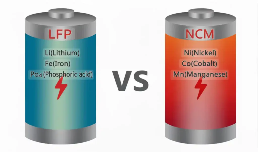 LFP(리튬인산철)와 NCM(니켈 코발트 망간) 배터리의 양극재 원소 구성 비교 다이어그램. LFP는 철(Fe), NCM은 니켈, 코발트, 망간을 사용하며 'VS'로 대립을 표시함.