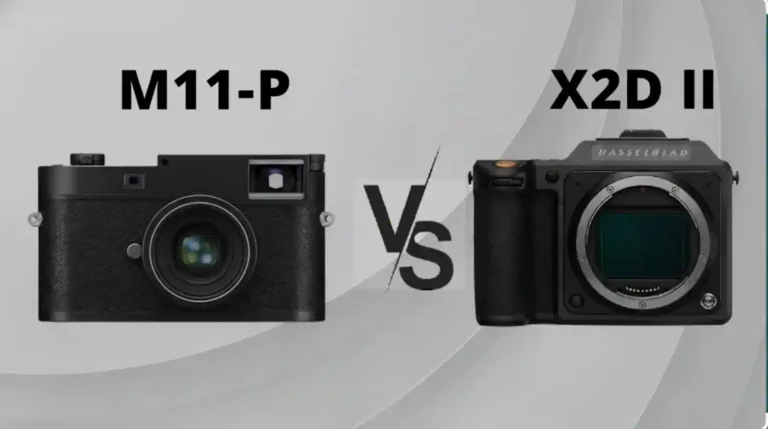 leica m11 p와 hasselblad x2d ii 100c 카메라의 외관 비교 이미지, 라이카 m 시스템과 핫셀블라드 중형 포맷 카메라의 디자인 대비.