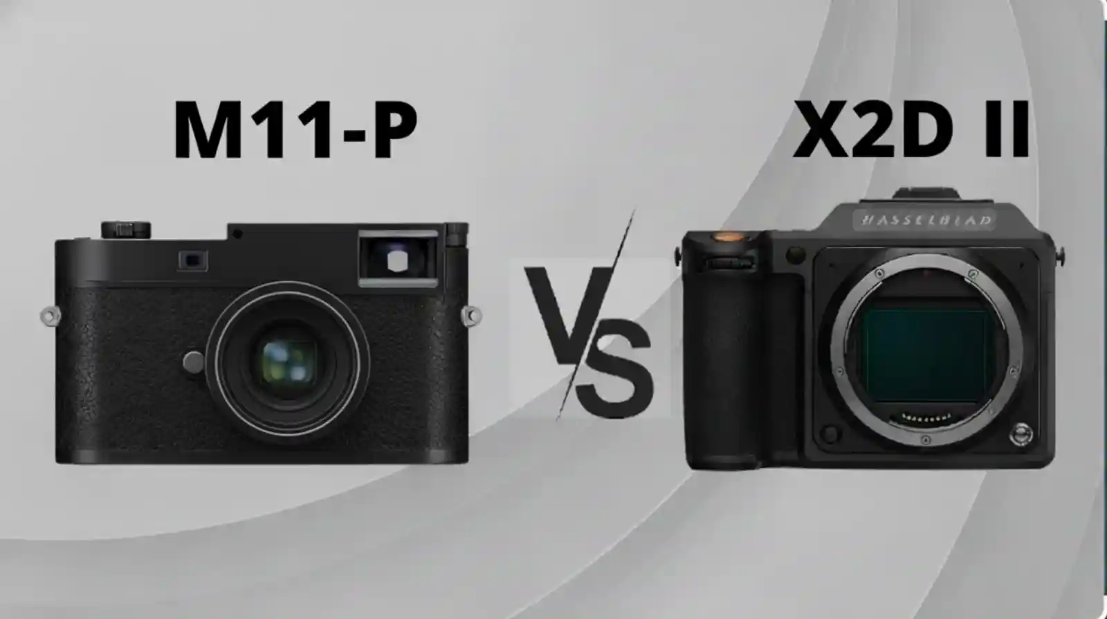 leica m11 p와 hasselblad x2d ii 100c 카메라의 외관 비교 이미지, 라이카 m 시스템과 핫셀블라드 중형 포맷 카메라의 디자인 대비.