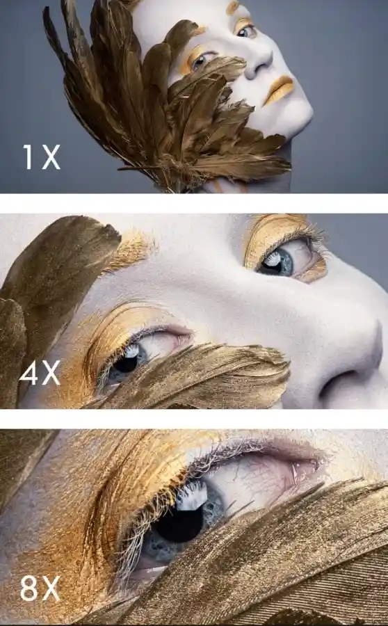 핫셀블라드 X2D II 100C로 촬영된 인물 사진을 1배, 4배, 8배로 확대한 모습. 1억 화소 센서의 극한 디테일과 눈의 혈관까지 보이는 압도적인 해상력을 보여줌.