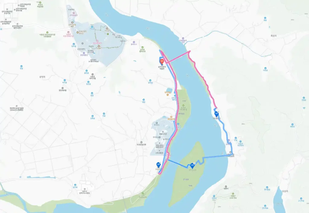 상주 자전거박물관에서 출발해 도남서원과 경천섬공원, 상도촬영지를 거쳐 다시 자전거박물관으로 돌아오는 6km 순환 코스를 표시한 지도입니다.