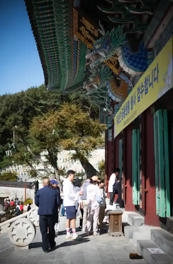 석모도 보문사 대웅전 처마 아래 단청과 용 조각 클로즈업, 녹티룩스 50mm로 포착한 전통 건축물의 섬세한 디테일