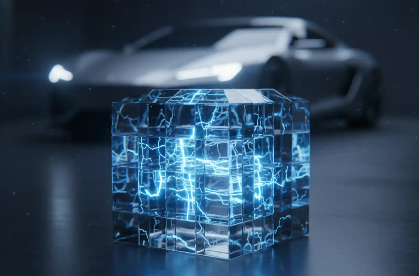 미래 전기차 기술을 상징하는 전고체 배터리 그래픽