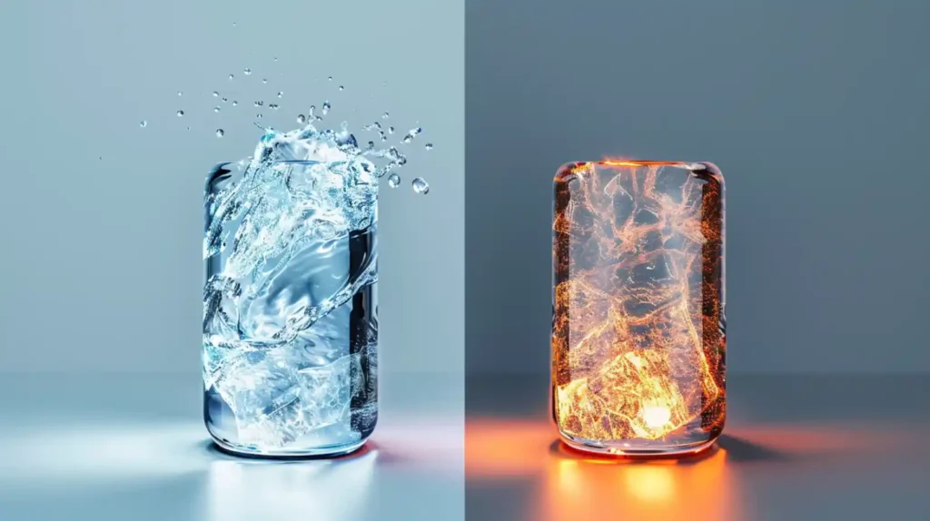 두 개의 투명한 배터리 셀을 나란히 비교하는 이미지. 왼쪽 셀은 안정적으로 보이는 파란 액체 전해질을, 오른쪽 셀은 과열되어 불타는 듯한 위험한 주황색 액체 전해질의 모습을 보여주며 기존 리튬이온 배터리의 화재 위험성을 시각적으로 표현한다.