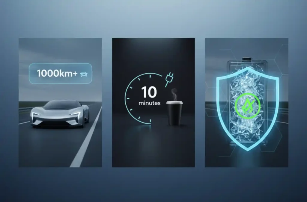 세 개의 패널로 구성된 인포그래픽 이미지. 왼쪽부터 각각 1,000km 이상의 주행거리를 상징하는 미래형 자동차, 10분의 짧은 충전 시간을 의미하는 시계와 커피잔, 그리고 방패로 보호받는 안전한 배터리를 보여주며 전고체 배터리의 3가지 핵심 장점을 시각적으로 요약한다.