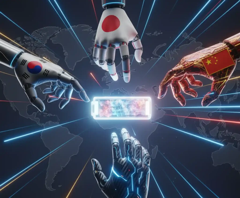 한국, 일본, 중국, 미국의 국기 문양이 새겨진 4개의 로봇 팔이 중앙의 빛나는 전고체 배터리 셀을 향해 뻗어 있으며, 이는 배터리 기술 패권을 둘러싼 치열한 글로벌 경쟁 구도를 상징적으로 보여준다.