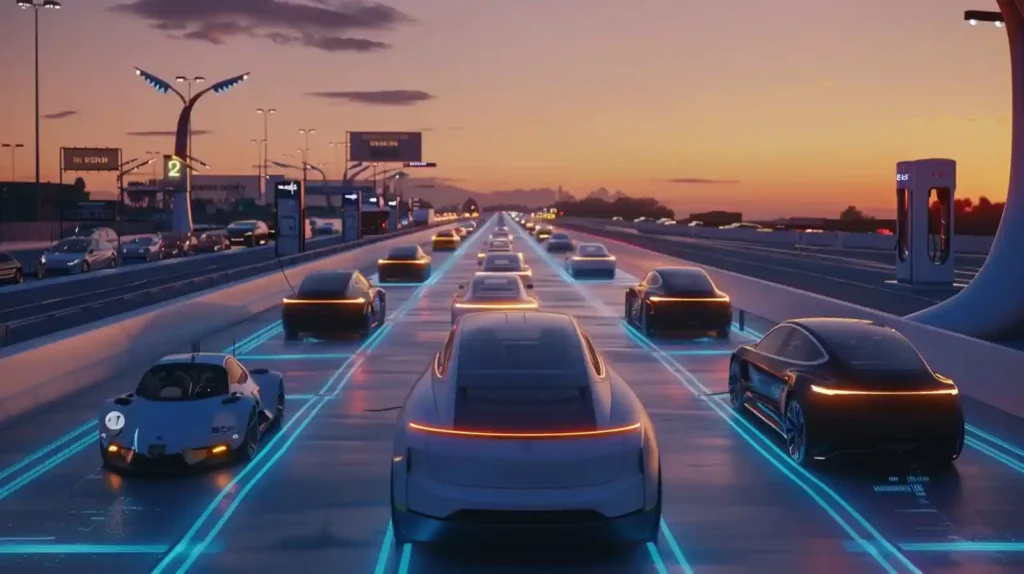 해질녘 미래 도시의 고속도로를 수많은 전기차들이 달리고 있고, 도로 위 빛나는 푸른색 라인은 무선 충전 기술을 암시하며 전고체 배터리가 가져올 주행거리와 충전 불안이 사라진 미래의 모습을 상징한다.