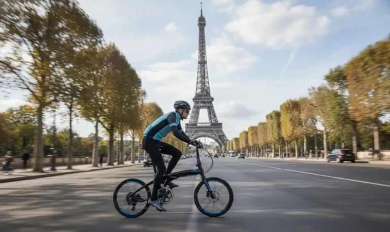 Tern 폴딩바이크를 타고 파리 에펠탑 앞 도로를 주행하는 라이더 — 도심 속 퍼포먼스와 자유로움을 상징하는 장면