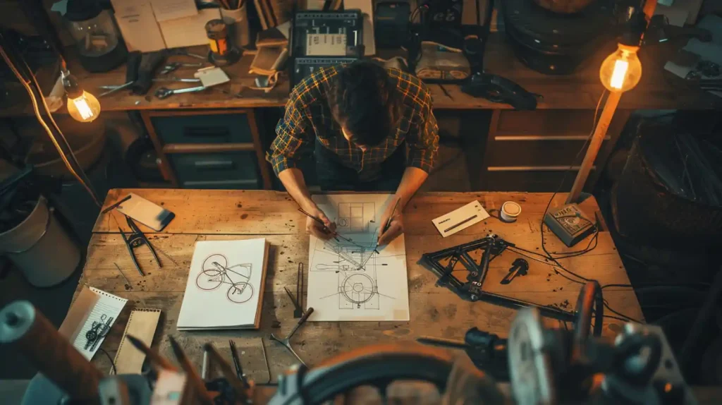 자전거 설계자가 작업실에서 폴딩바이크 도면을 그리고 있는 장면 — Tern 브랜드의 기술적 시작과 엔지니어링 철학을 상징합니다.