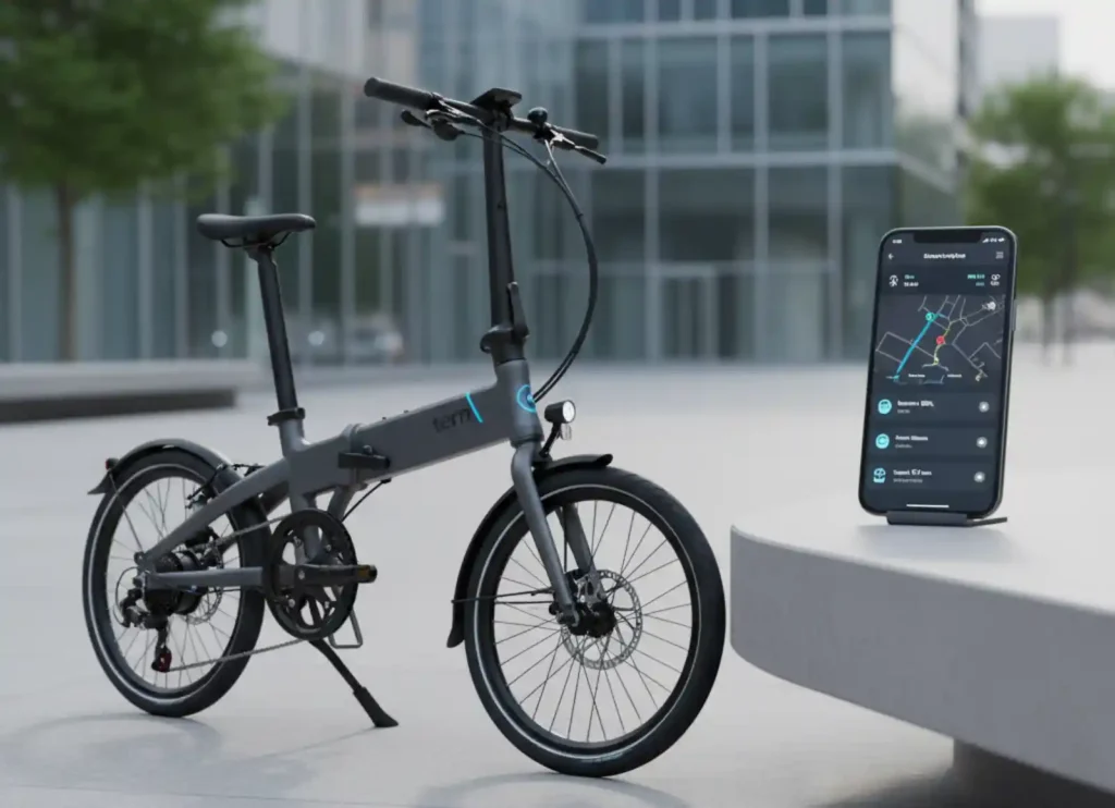 Tern 폴딩바이크와 스마트폰이 함께 놓여 있는 장면 — GPS, 배터리, 주행 정보가 표시된 IoT 인터페이스를 통해 커넥티드 모빌리티를 표현