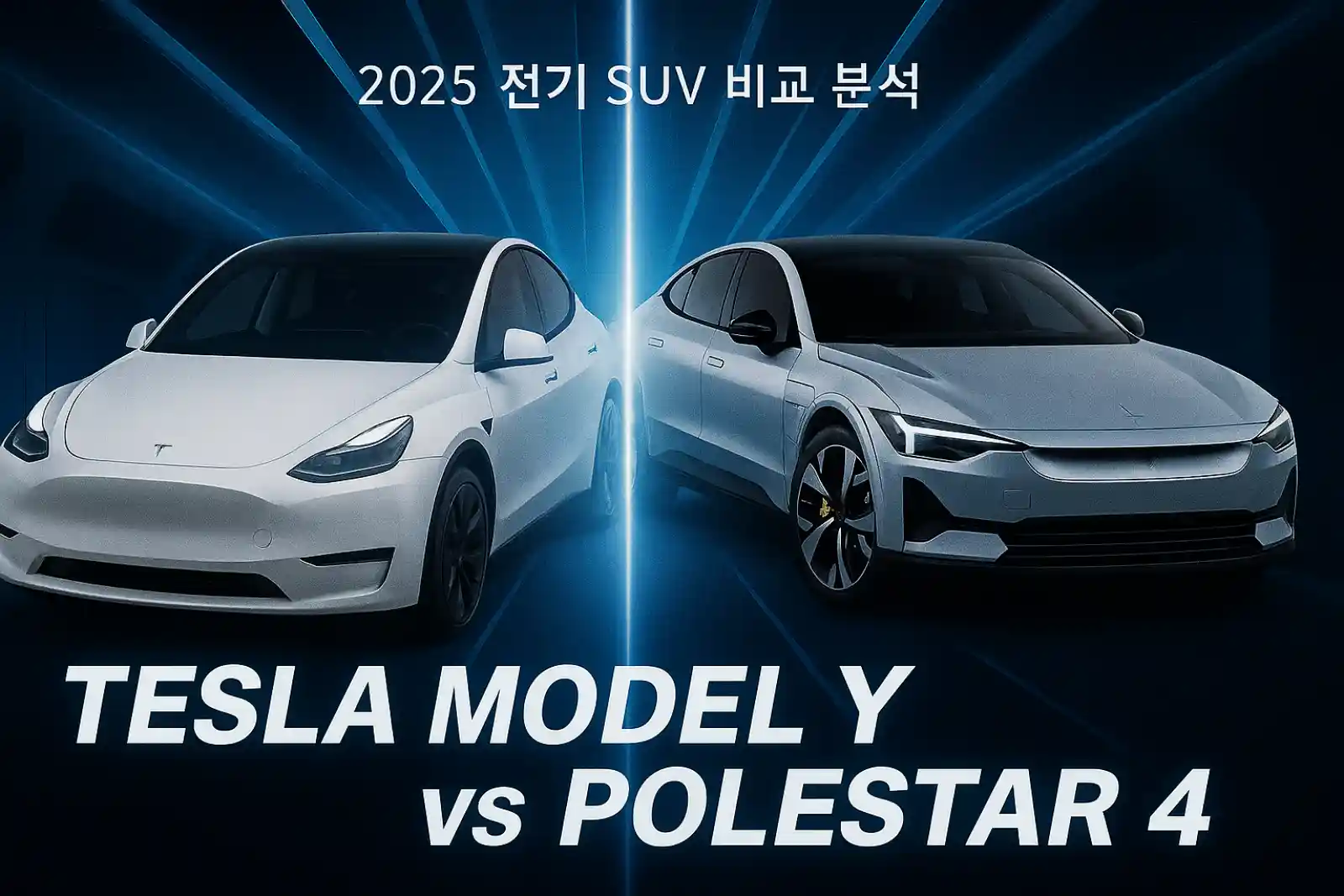 2025 전기 SUV 비교 이미지 — 테슬라 모델 Y와 폴스타 4의 디자인과 성능 차이를 보여주는 장면