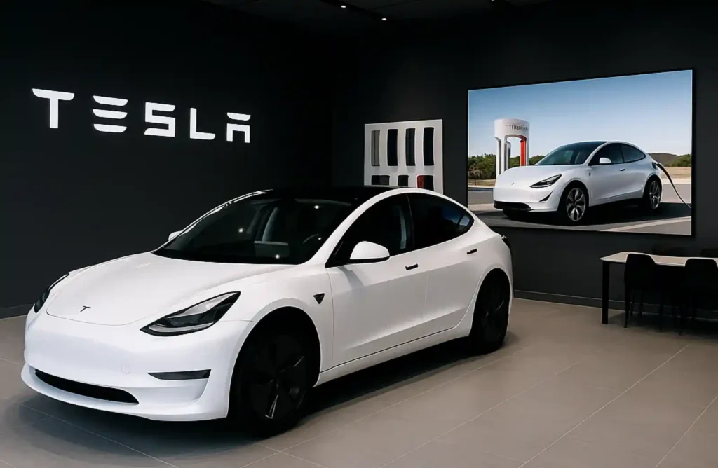 테슬라 전시장에서 전시 중인 화이트 모델 3 — 벽면에는 슈퍼차저 충전 장면이 걸려 있으며, 기술과 브랜드 감성이 공존하는 공간