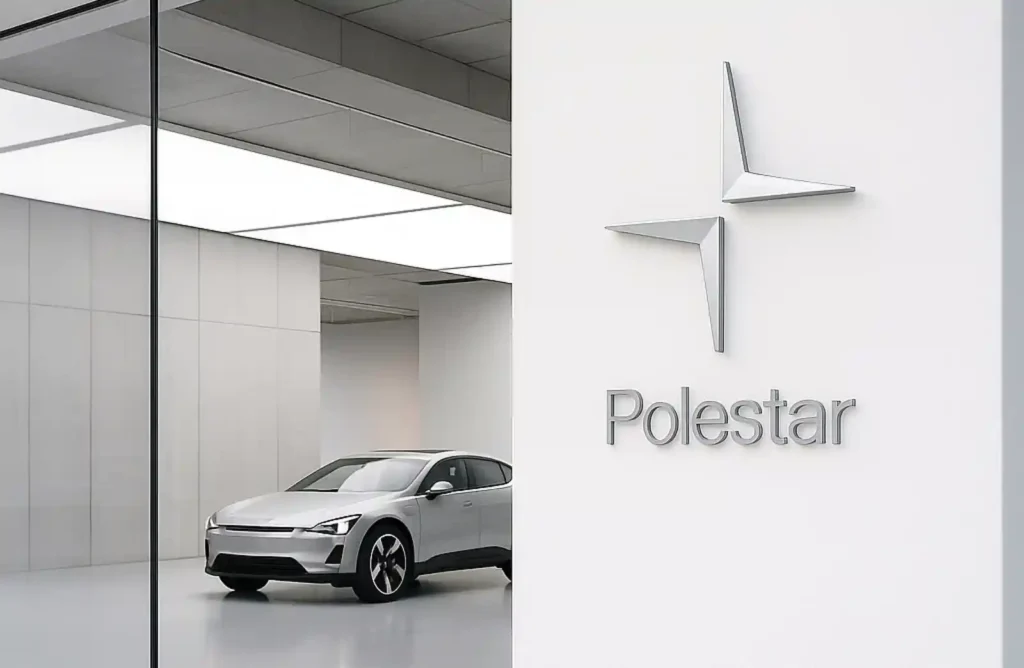 폴스타 스페이스 내부에 전시된 폴스타 4와 브랜드 로고 — 미니멀한 북유럽 감성의 프리미엄 전기차 공간