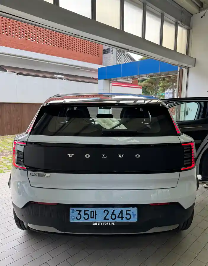 Rear view of Volvo EX30 Cross Country inside Daegu showroom before test drive