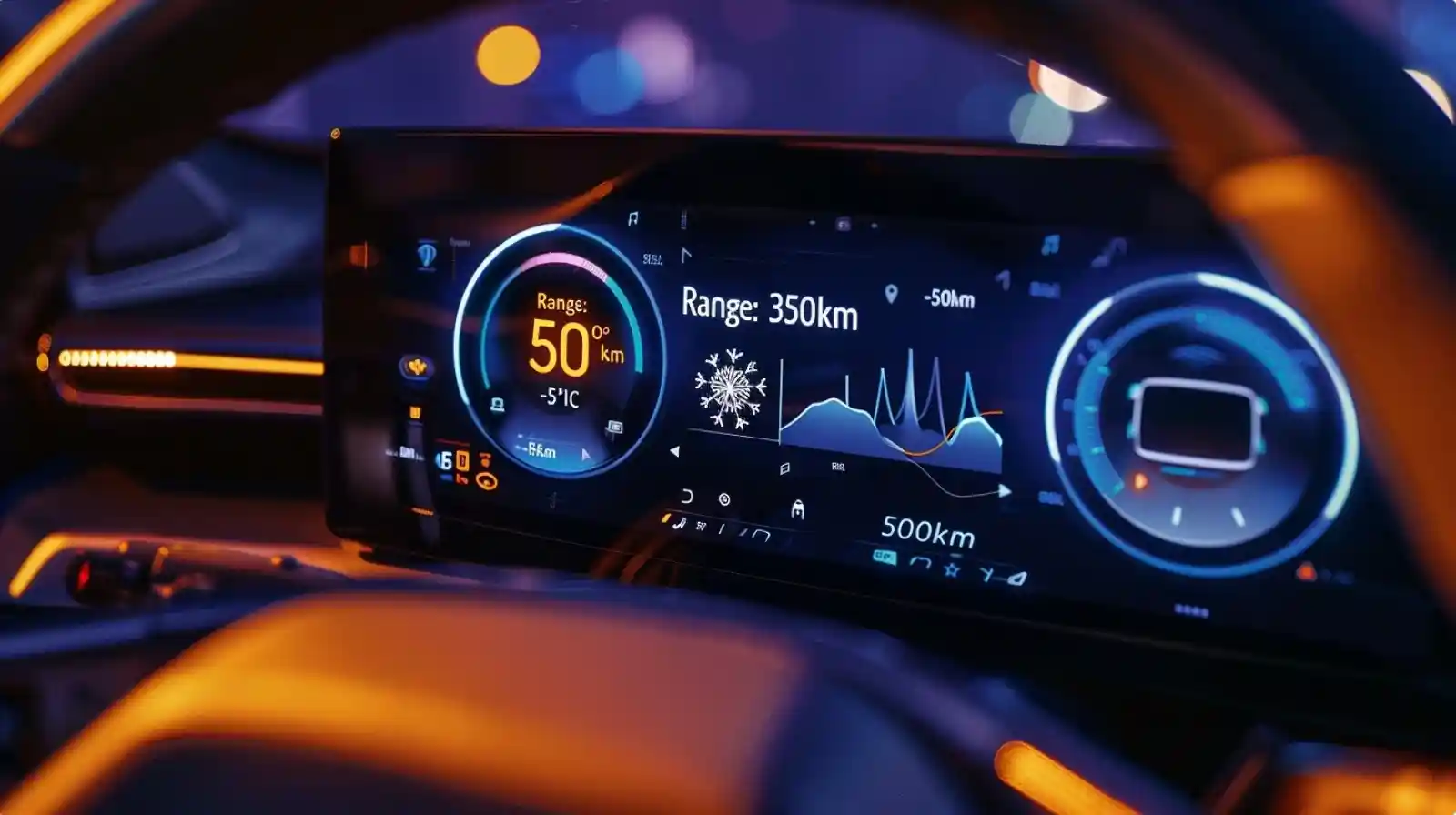 영하 5도의 겨울 도로에서 전기차 계기판에 표시된 주행거리 감소와 배터리 성능 변화. 눈송이 아이콘과 ‘Range 350 km’ 표시로 추운 날씨 속 배터리 효율 저하를 시각적으로 보여주는 화면.