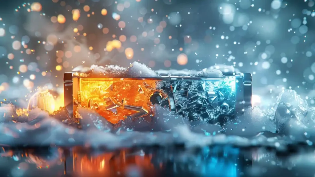 차가운 푸른색 영역에서는 리튬이온이 느리게, 따뜻한 주황색 영역에서는 빠르게 이동하는 모습을 시각화한 전기차 배터리 단면 일러스트. 겨울철 배터리 성능 저하 원인을 상징적으로 표현한 이미지.