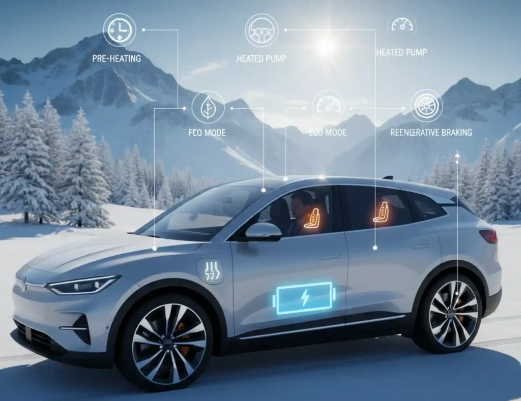 눈 덮인 산길을 달리는 전기차의 측면 이미지. 배터리 예열, 히트펌프, ECO 모드, 회생 제동 같은 겨울철 효율 향상 기술이 인포그래픽으로 표시되어 있다.