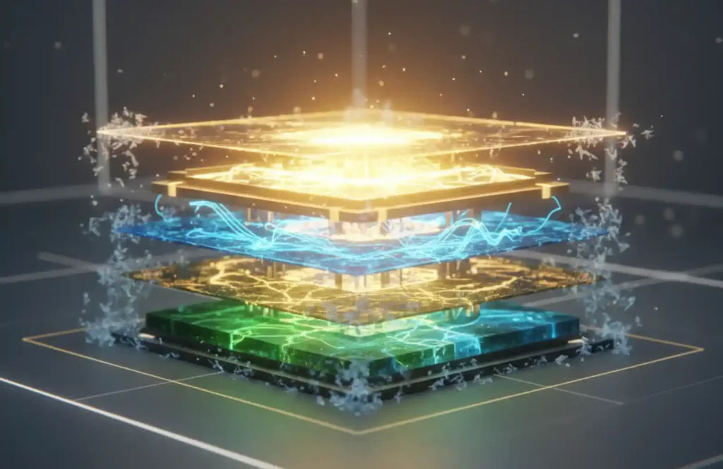 미래형 전기차 배터리 셀을 상징적으로 표현한 3단 구조의 이미지. 푸른색, 녹색, 황금빛 층이 빛을 내며 저온에서도 안정적으로 작동하는 차세대 배터리 기술의 발전을 보여준다.