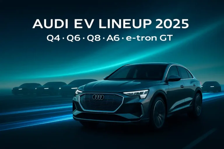 2025 아우디 전기차 라인업이 도로 위에 나란히 서 있는 모습으로, Q6 e-tron을 중심으로 Q4, Q8, A6, e-tron GT가 푸른 전기빛 트레일 속에서 주행하는 장면