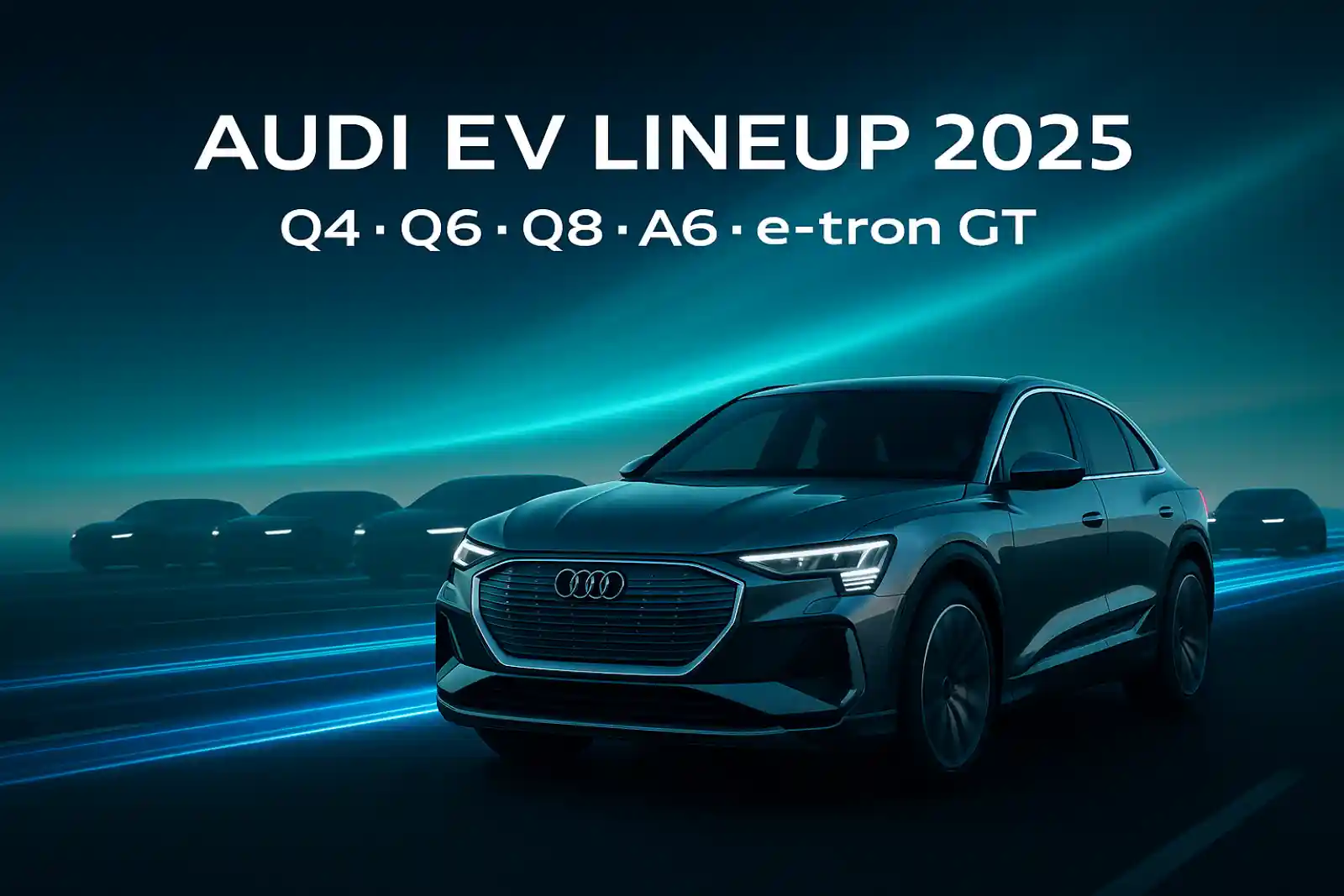 2025 아우디 전기차 라인업이 도로 위에 나란히 서 있는 모습으로, Q6 e-tron을 중심으로 Q4, Q8, A6, e-tron GT가 푸른 전기빛 트레일 속에서 주행하는 장면