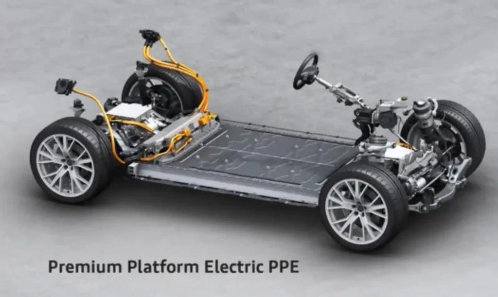 PPE 플랫폼의 구조를 보여주는 이미지로, 전기모터와 배터리 모듈, 구동축이 연결된 아우디 전용 전기차 섀시