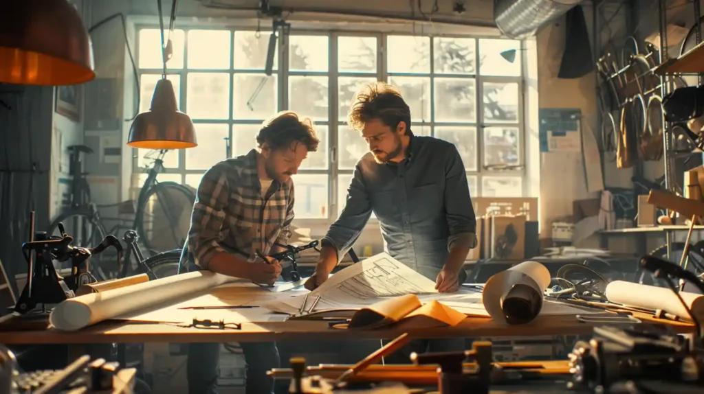독일의 두 엔지니어가 1990년대 워크숍에서 접이식 자전거 설계도를 검토하는 장면. 자연광이 비치는 공방 안에서 정밀한 도면과 금속 부품이 놓여 있다.
