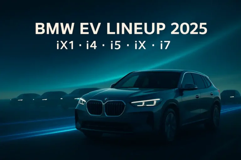 BMW 2025 전기차 라인업을 나타내는 프로모션 이미지로, 전면에는 BMW iX1 스타일의 전기 SUV가 있고, 배경에는 i4·i5·iX·i7 실루엣이 어둡게 배치된 청록빛 톤의 그래픽 이미지.