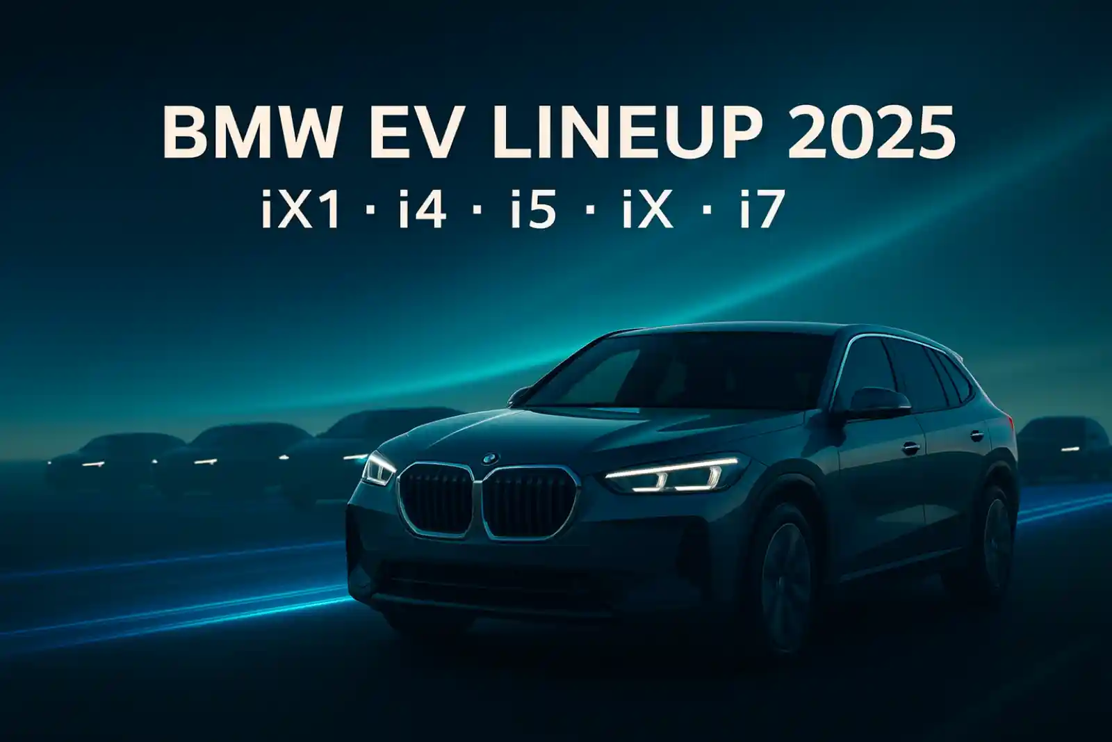 BMW 2025 전기차 라인업을 나타내는 프로모션 이미지로, 전면에는 BMW iX1 스타일의 전기 SUV가 있고, 배경에는 i4·i5·iX·i7 실루엣이 어둡게 배치된 청록빛 톤의 그래픽 이미지.