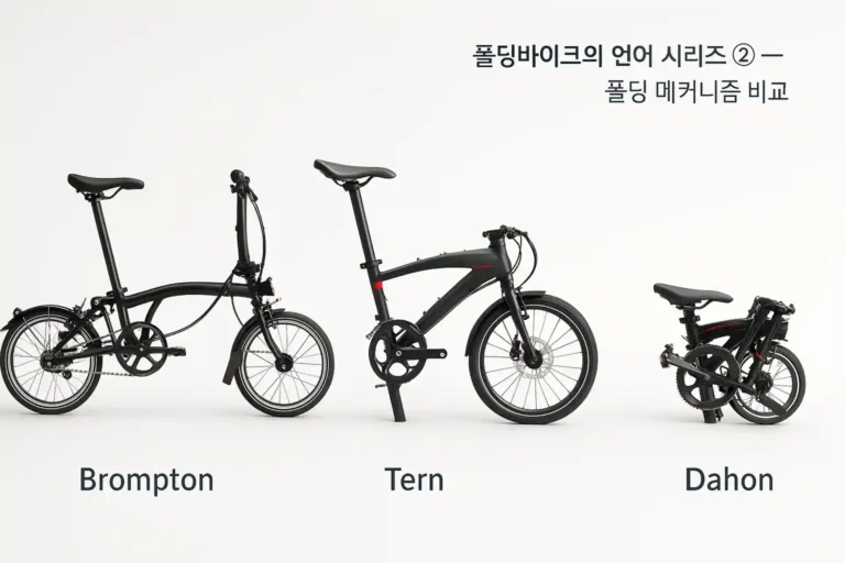 브롬톤, 턴, 다혼 세 폴딩자전거의 접힘 단계를 비교한 인포그래픽 밝은 흰색 배경 위에 세련된 산세리프 글씨로 각 브랜드명이 표시된 모습. 폴딩 메커니즘의 차이를 시각적으로 비교한 이미지.