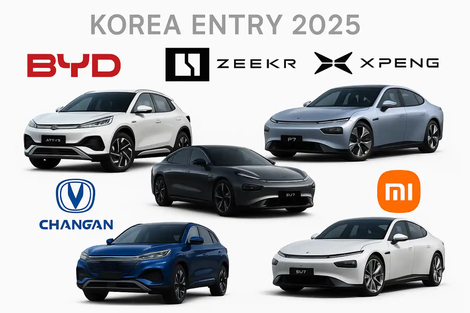 BYD, 지커(Zeekr), 샤오펑(XPENG), 창안, 샤오미 등 중국 전기차 브랜드 5곳이 2025년 한국 시장 진출을 앞두고 있는 모습을 담은 콜라주 이미지