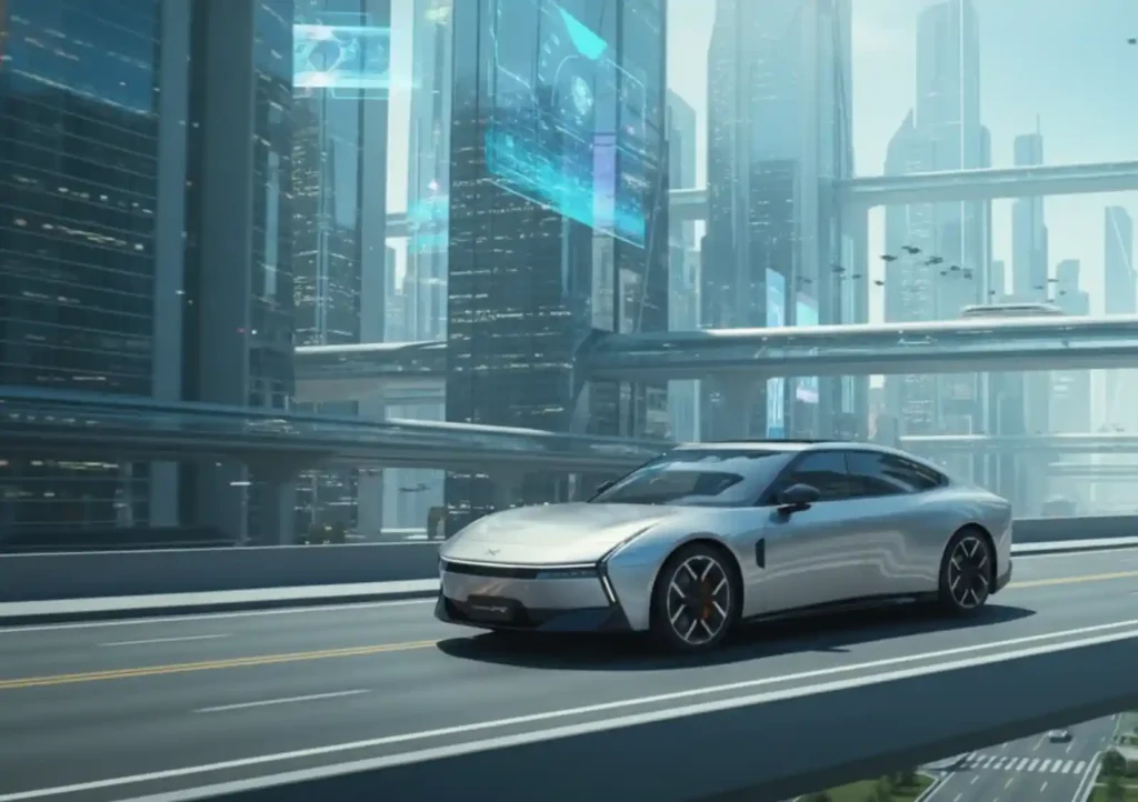 미래 도시 도로 위를 주행 중인 XPENG P7 전기 세단. 자율주행과 AI 기술을 기반으로 한 중국의 혁신형 전기차 브랜드를 상징한다.