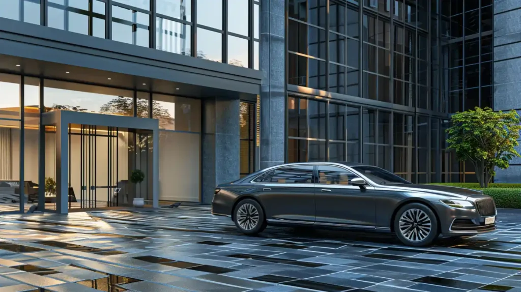 고급 업무용 건물 앞에 주차된 플래그십 세단. 법인 명의 차량을 고민할 때 떠오르는 전형적인 고가 수입차 이미지.
